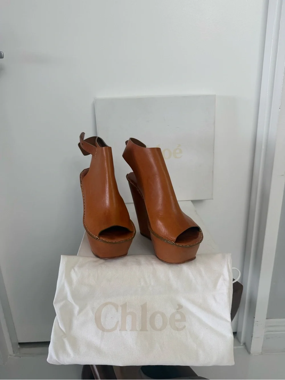 Chloé Tan‎ Leather Peep-Toe Platform Sandals